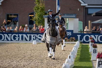 6YO Champion Global Player OLD, ridden by Eva MoÂ¨ller. © FEI
