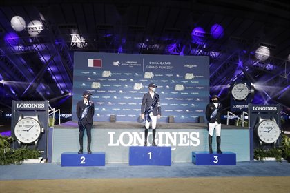 LGCT of DOHA Prize giving ceremony From L to R Lorenzo de Luca, Niels Bruynseels  , Eric Lamaze, DOHA, Al Shaqab 6 March 2021 © Stefano Grasso LGCT